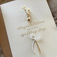 wedding day card for congratulating couple with gold foil and dried florals