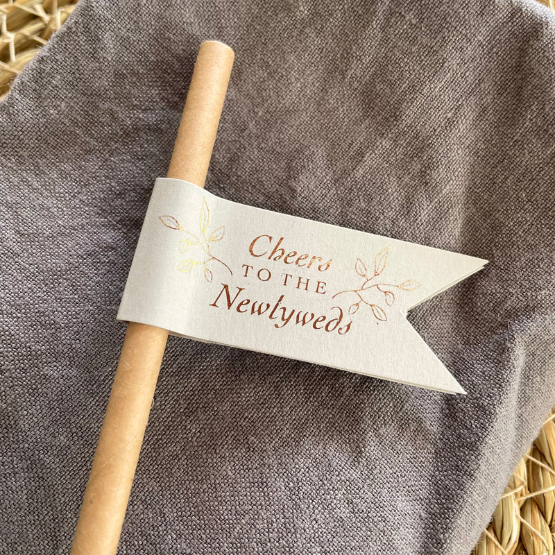 cheers to the newlyweds wedding decor brown paper straw with light grey card and gold foil for drinks on arrival or drinks station.