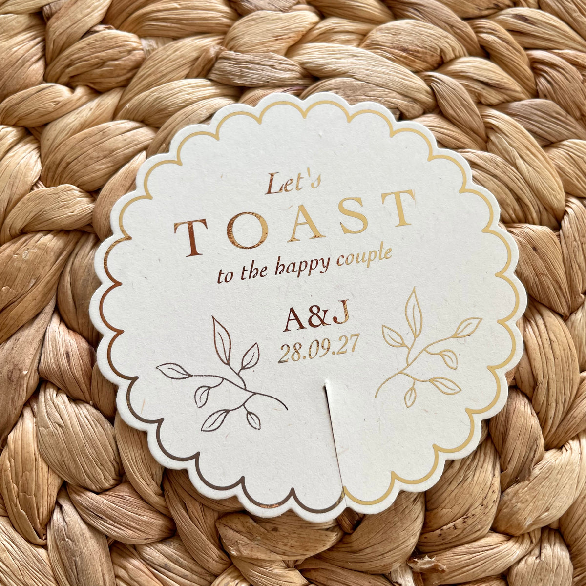 let toast to the happy couple cream and gold drink tag scallop circle