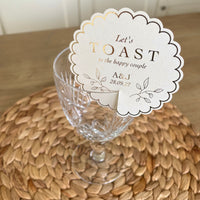 let toast to the happy couple cream and gold drink tag scallop circle
