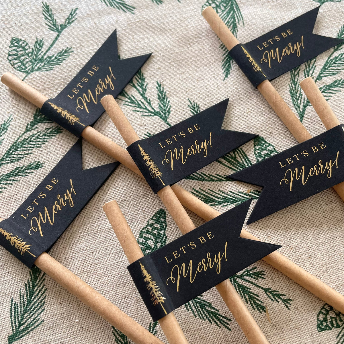 decorative drink straws with christmas tree design in black and gold