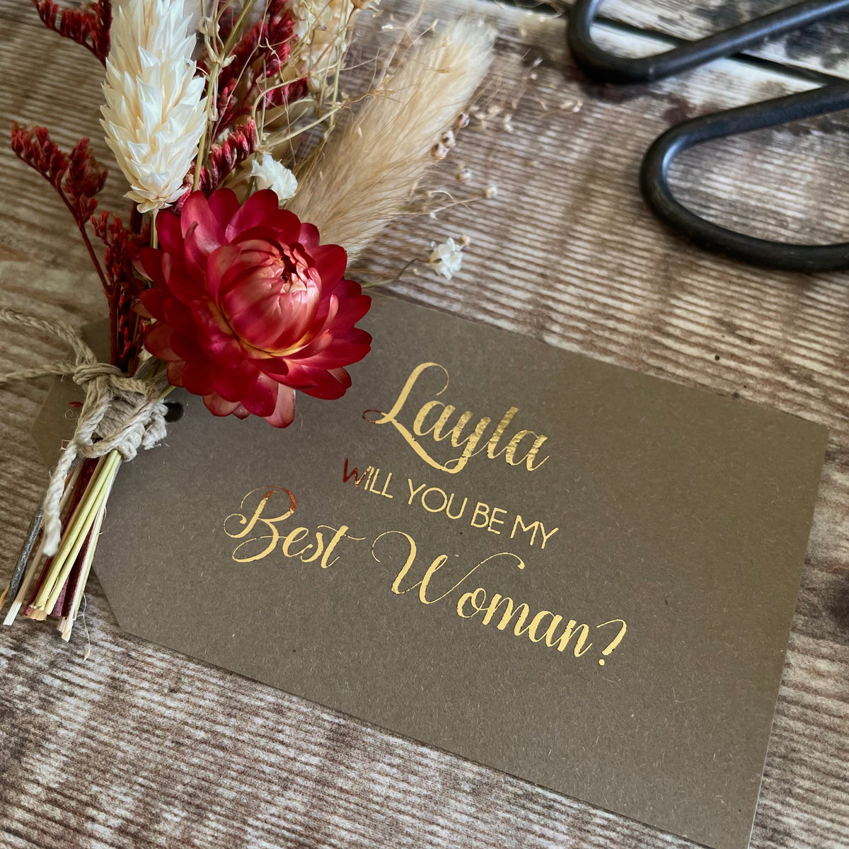 Personalised will you be my best woman dried flower proposal gift tag
