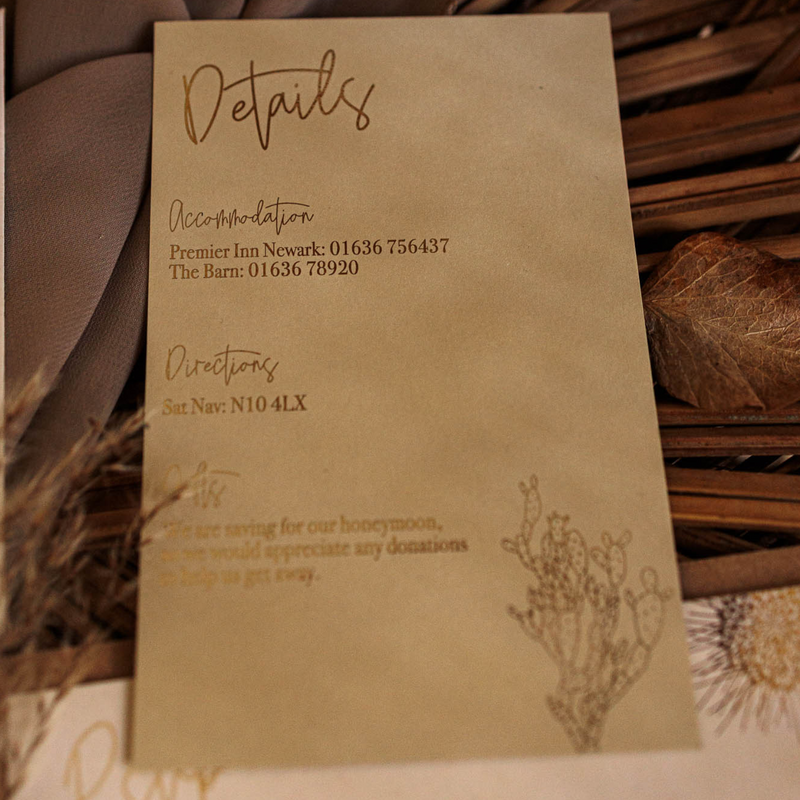 boho desert cactus details card for invitation, special event