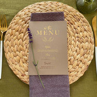 brown card and gold foil dinner menu card for place settings
