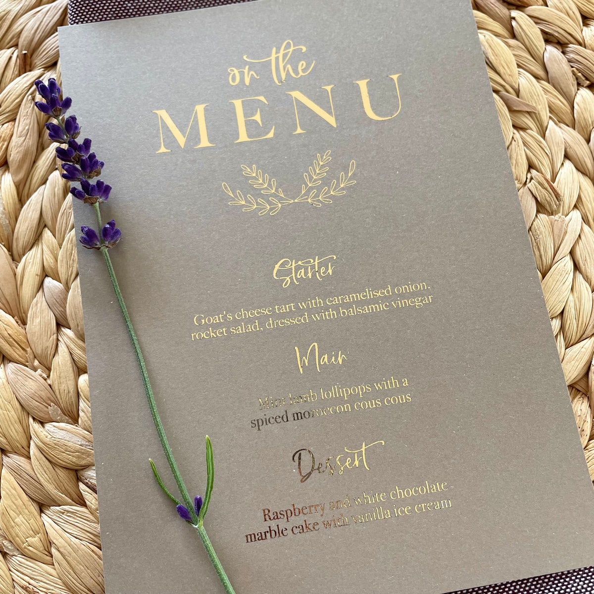 brown menu card with gold foil text personalised with wedding breakfast for rustic place seettings