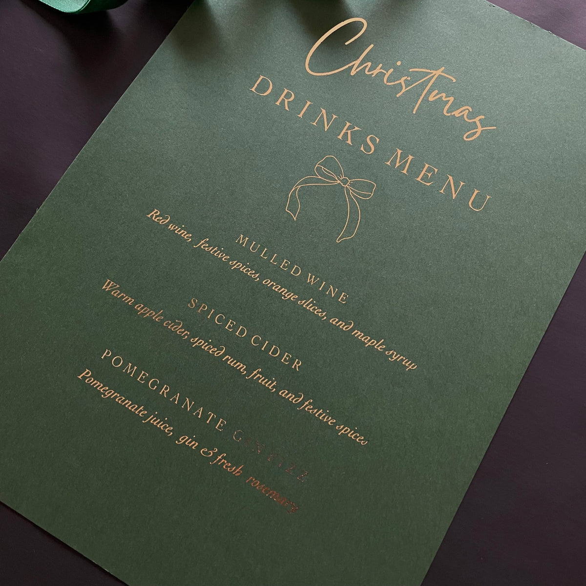 green and gold foil christmas drinks sign