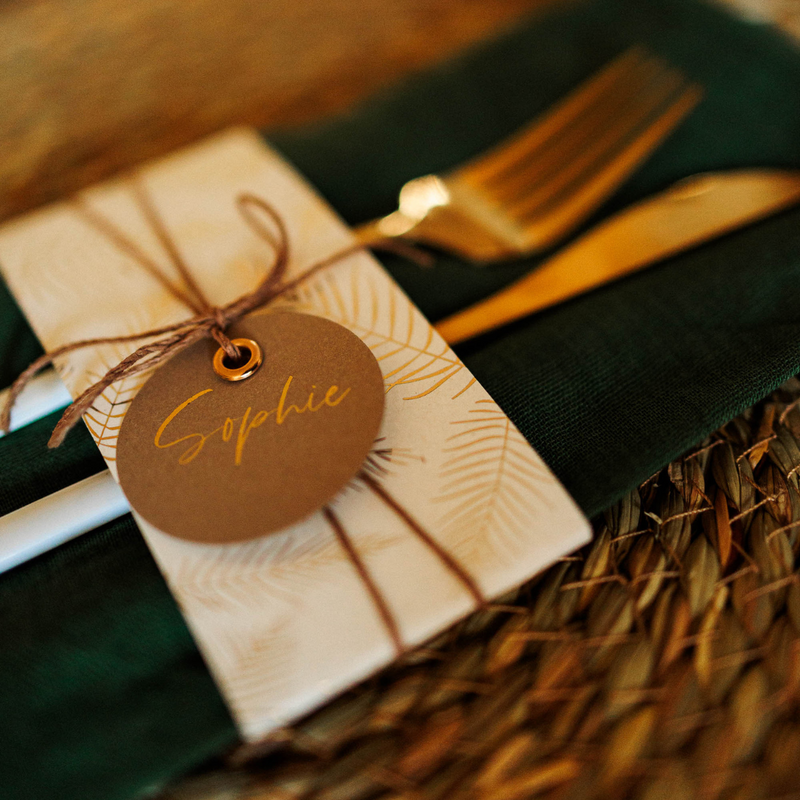 Small round wedding name tags with gold eyelet