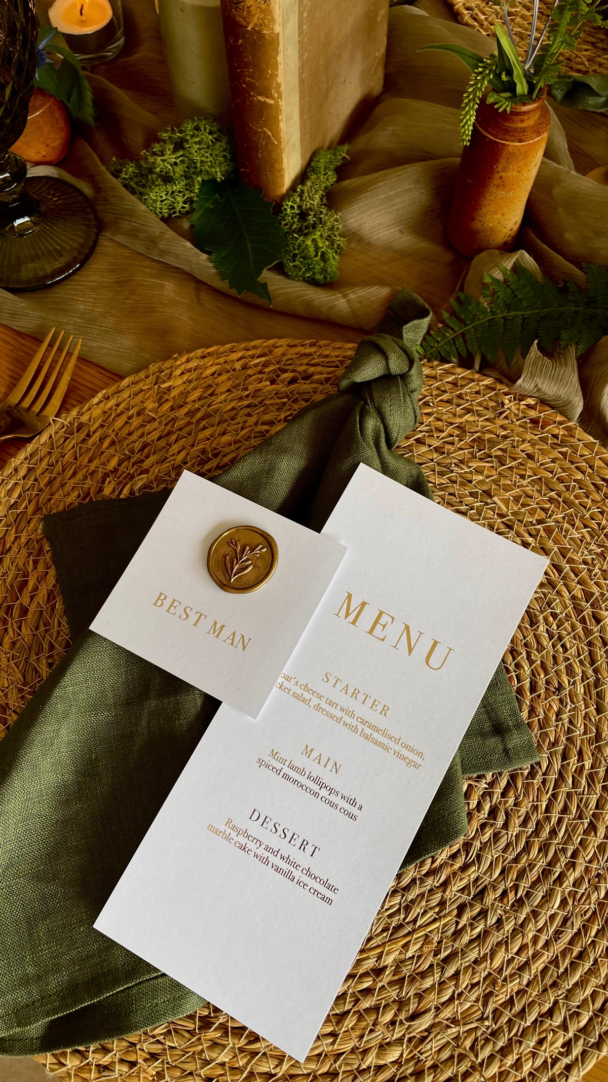 gold foil wedding menu with wax seal name card for rustic wedding style