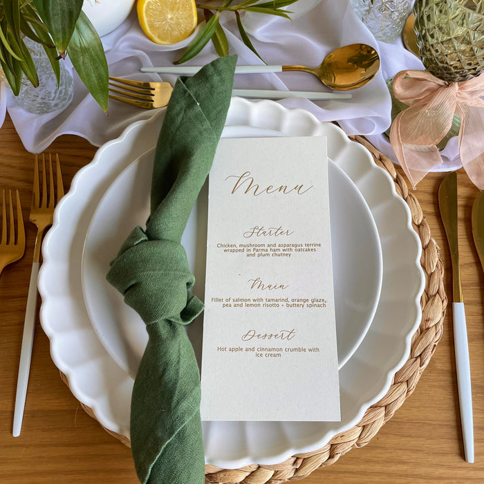 cream and gold foil wedding menu slim design