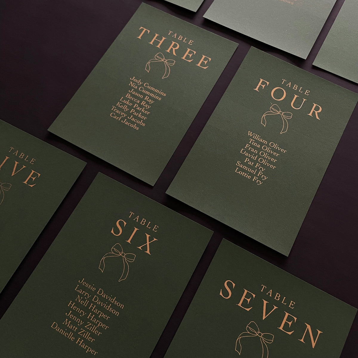 dark green and gold foil seating chart cards for wedding 