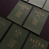 dark green and gold foil seating chart cards for wedding 