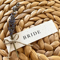 recycled name tag with dried lavender flower for rustic place setting