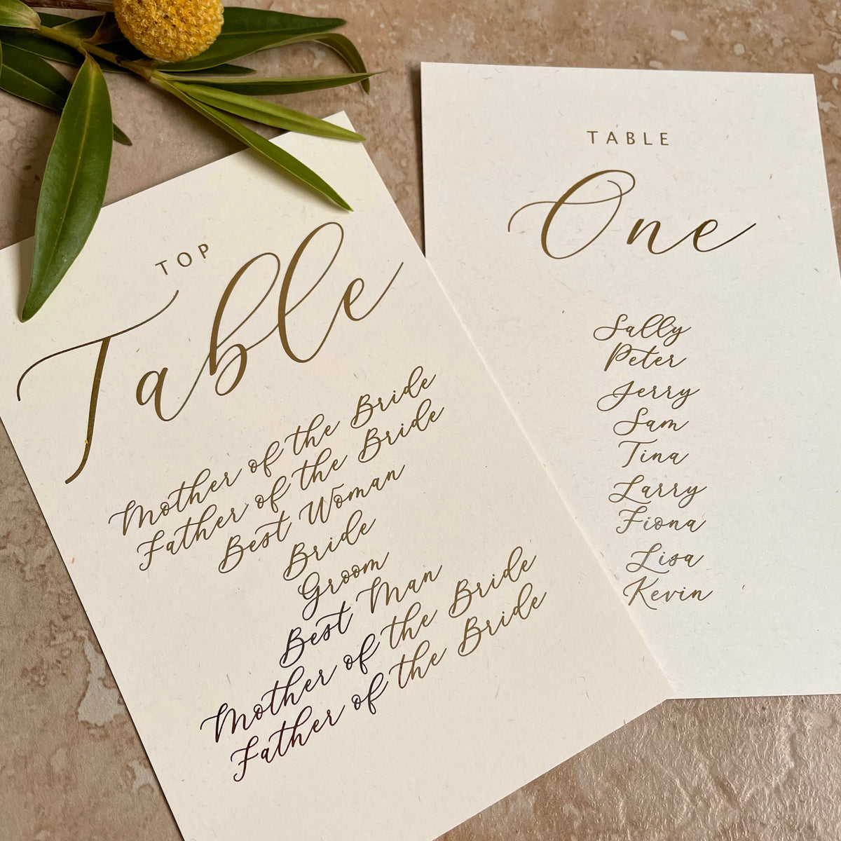 elegant script gold foil table plan cards
