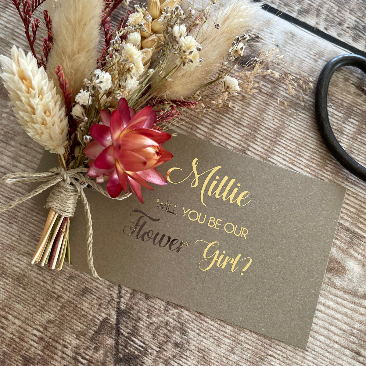 personalised flower girl gift with mini dried flower bouquet and gift tag