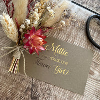 personalised flower girl gift with mini dried flower bouquet and gift tag