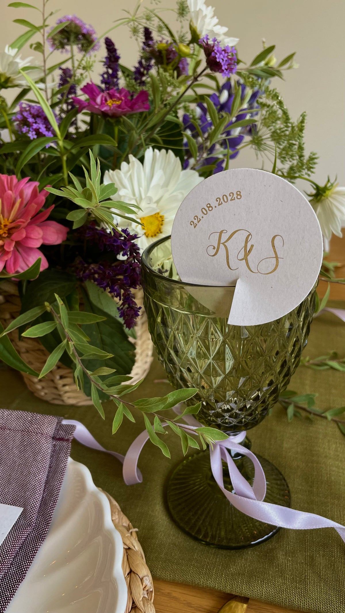 circular drink label tag for wedding reception drinks, anniversary or engagement dinner parties.
