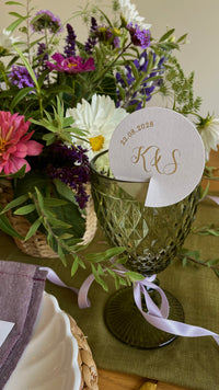 circular drink label tag for wedding reception drinks, anniversary or engagement dinner parties.