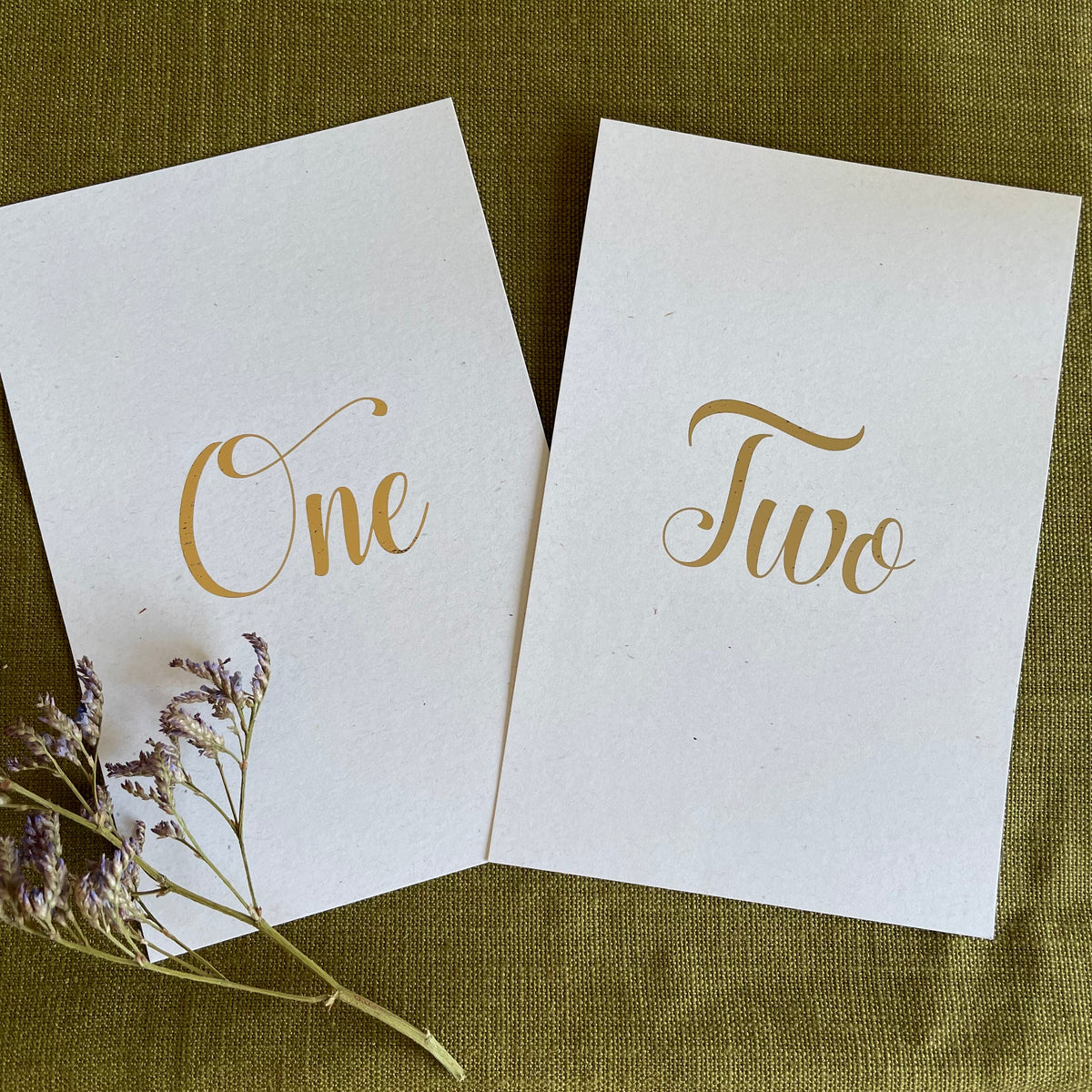 foil wedding table numbers on reccyled card