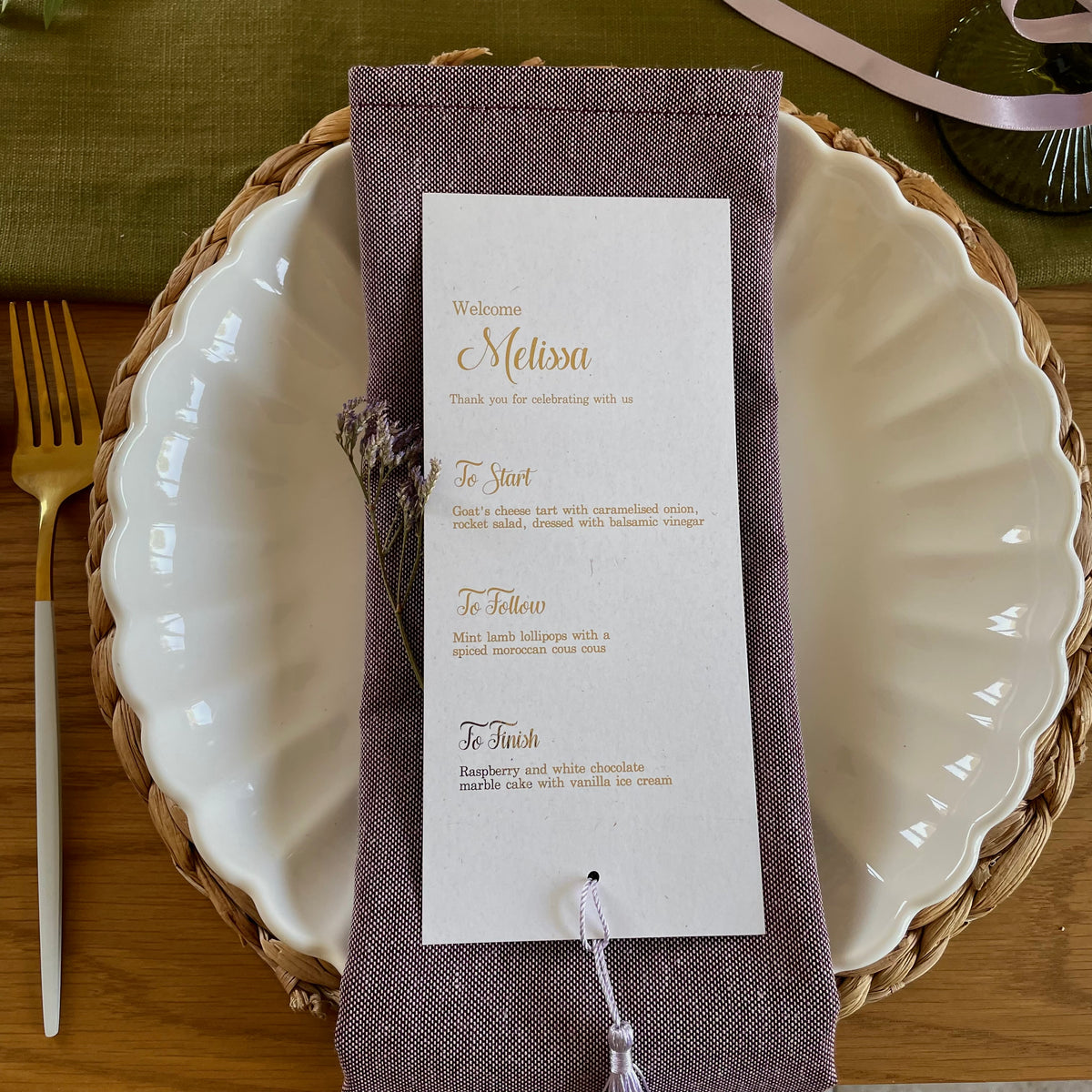 Personalised dinner menu cards with tassel