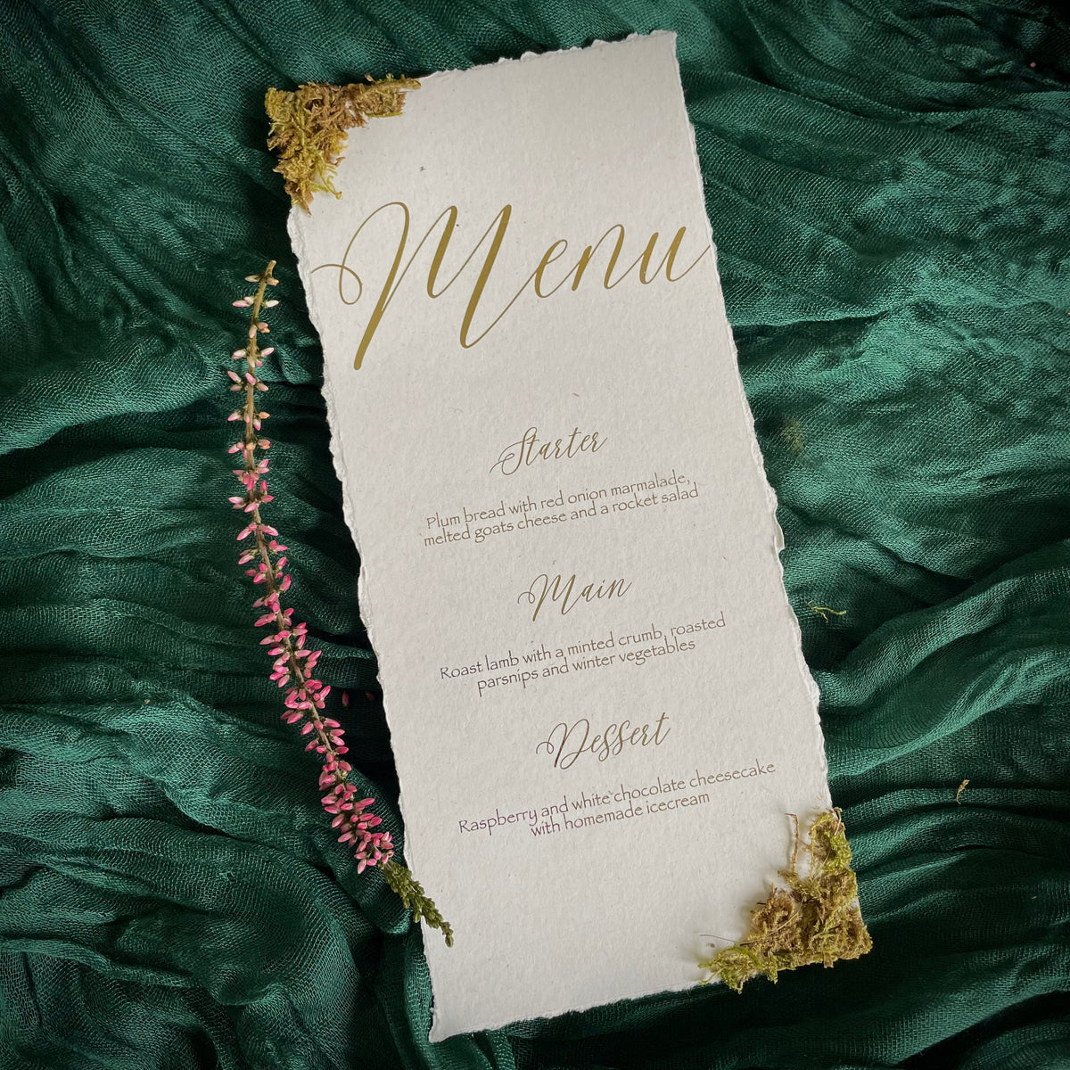 forest dinner menu cards with moss and gold foil