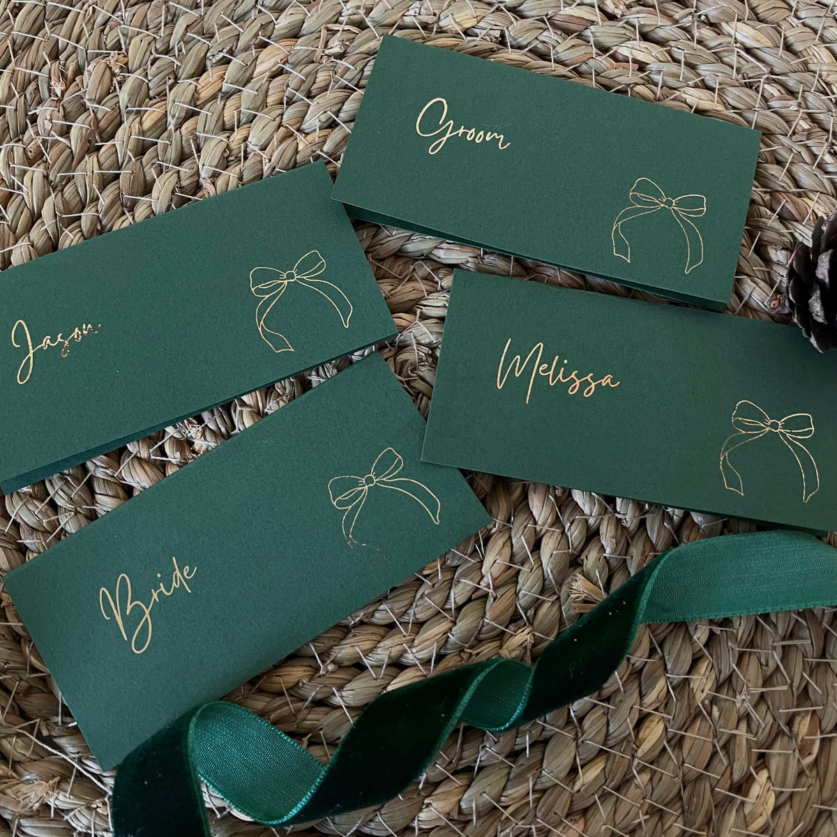 green and gold name cards for christmas dinner table