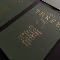 green and gold foil christmas wedding seating plan cards