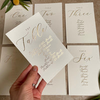 gold foil table plan cards for wedding seating chart