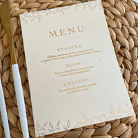 gold foil and ivory menu card for wedding
