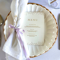 gold foil menu card for wedding with leaf design