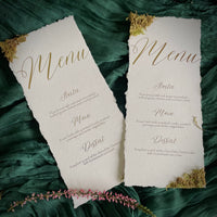 gold foil woodland moss menu cards