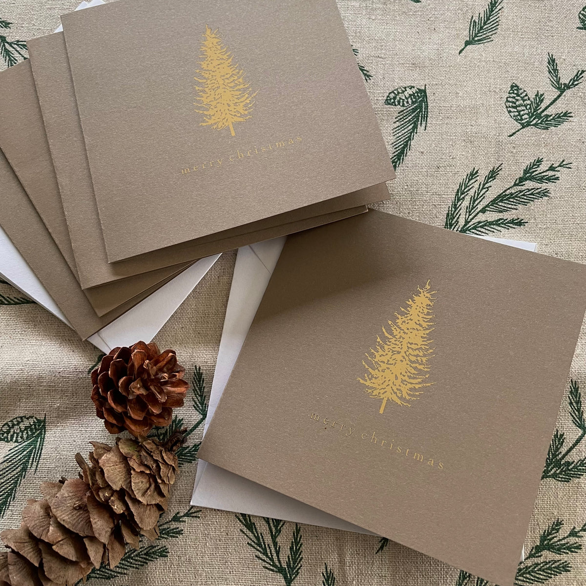 gold foil and brown spruce tree christmas card for neighbours