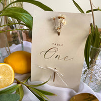 cream and gold wedding table numbers with white dried flowers