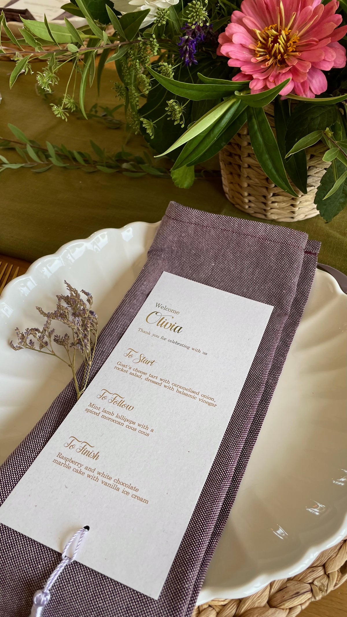 Personalised dinner menu cards with tassel