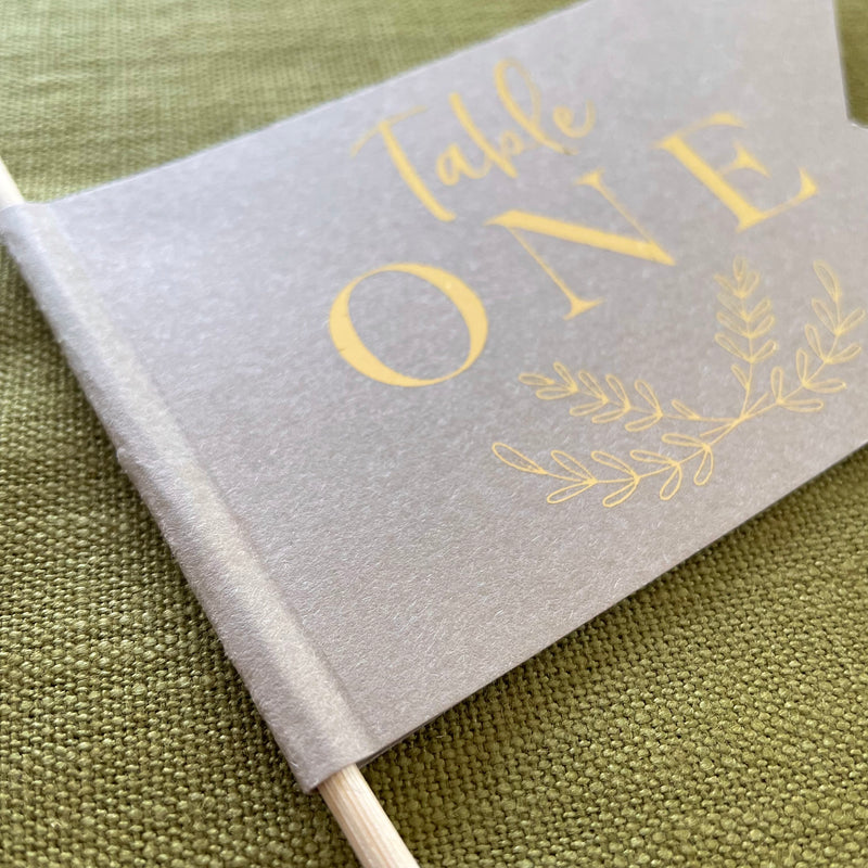 gold foil table number flags for jars
