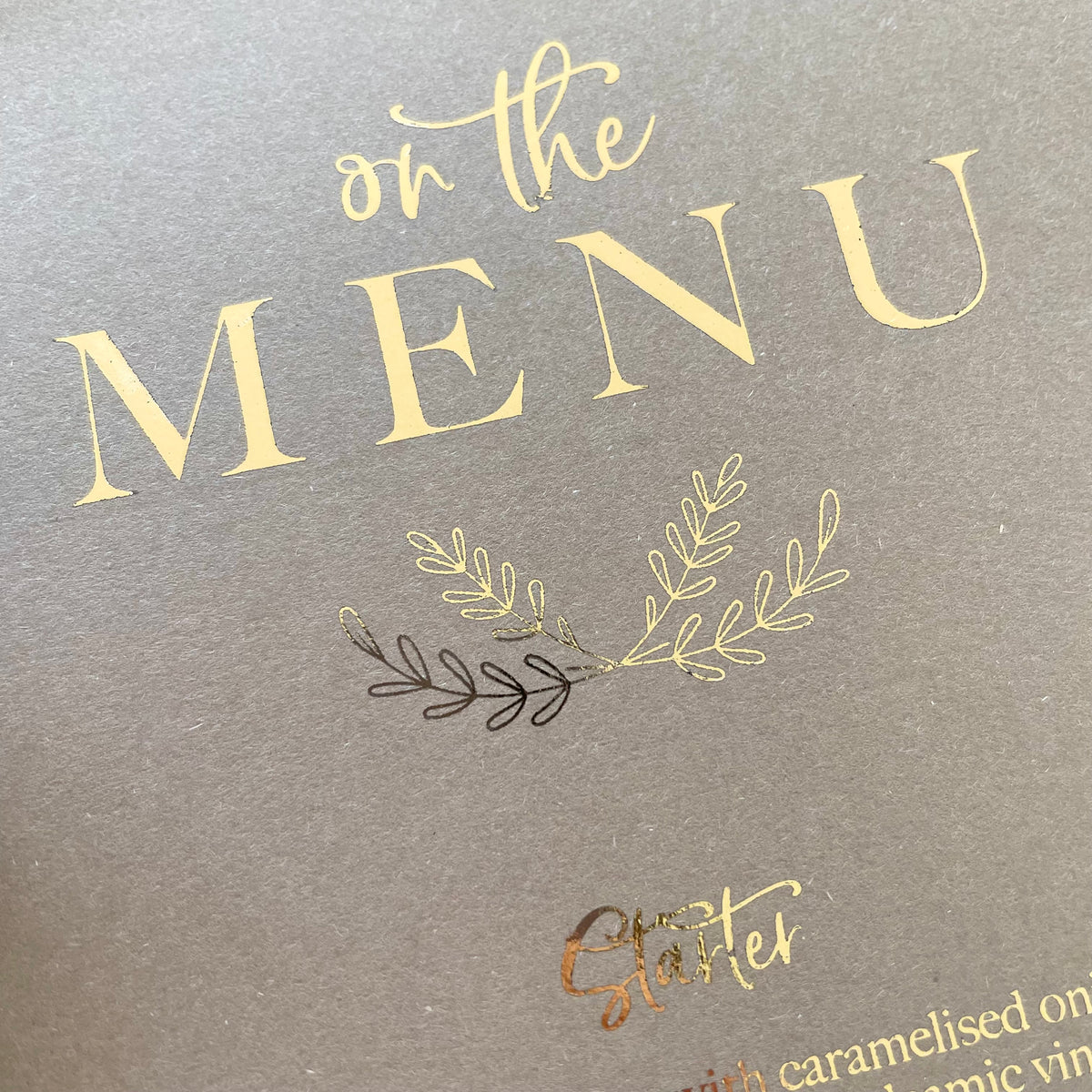 gold foil menu card for wedding dinner