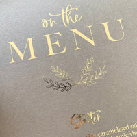 gold foil menu card for wedding dinner