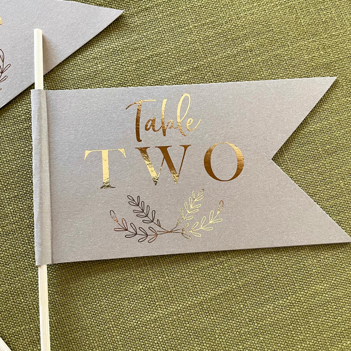 table number flags for rustic wedding tables in brown card and gold foil