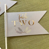 table number flags for rustic wedding tables in brown card and gold foil