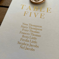 gold foil and white table plan cards for a rustic wedding style