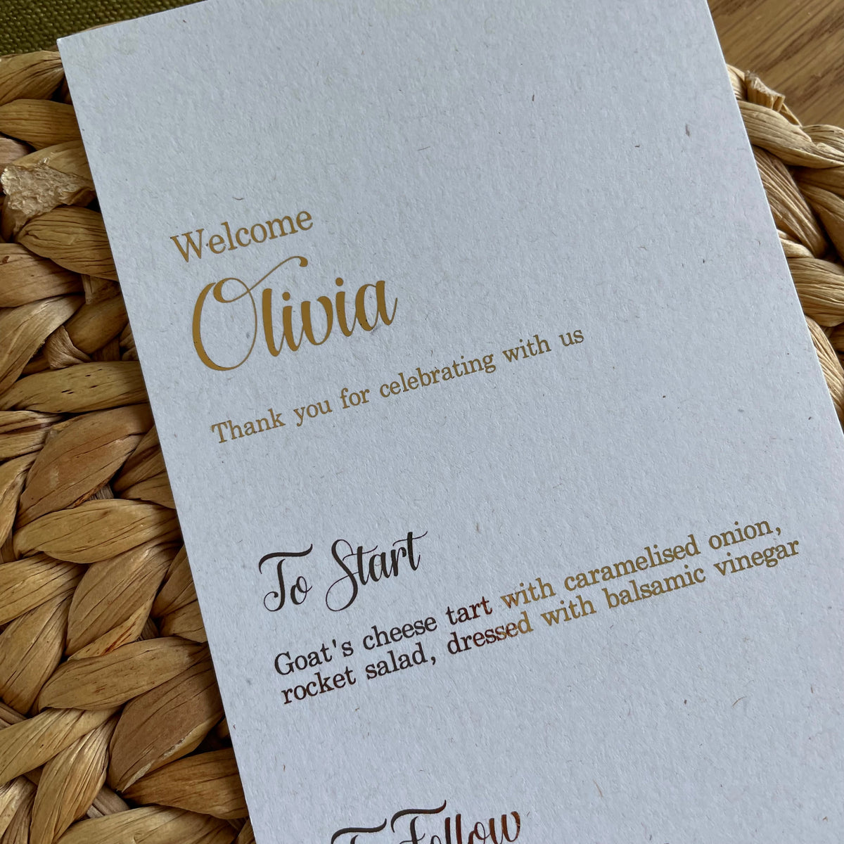 Personalised dinner menu cards with tassel