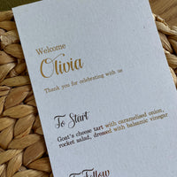 Personalised dinner menu cards with tassel