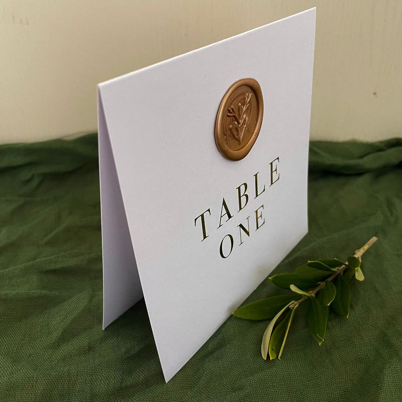 tented table numbers for wedding tables, gold and white with gold wax seal