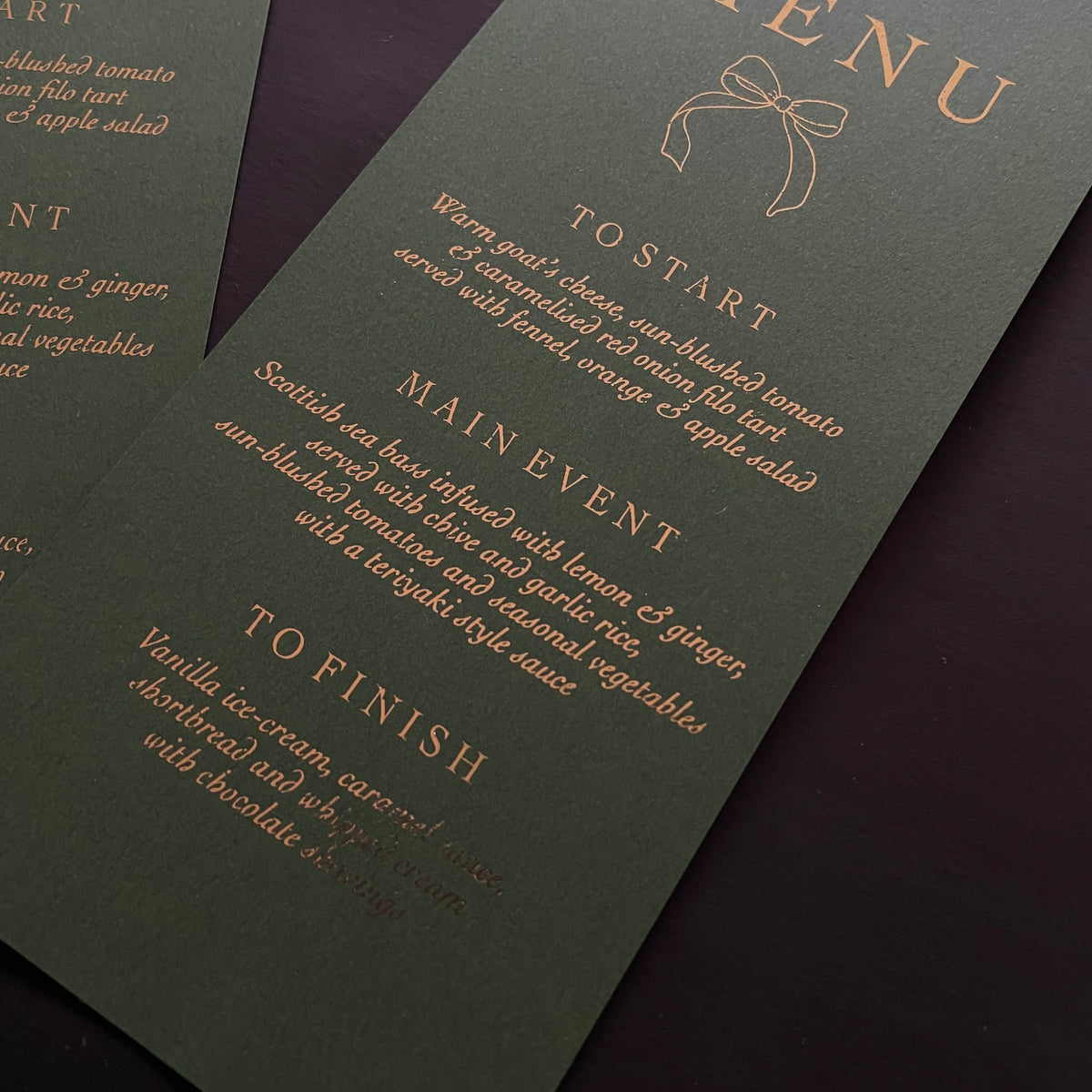 gold foil and green menu cards for christmas dinner tablescape