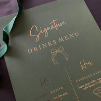 forest green and gold foil wedding drinks sign for reception