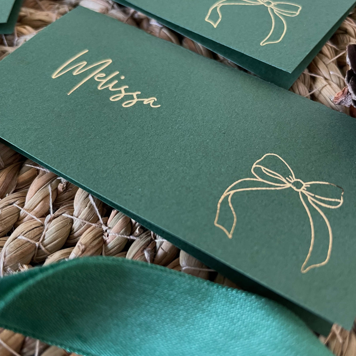 green and gold foil name cards for place settings wedding