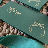 green and gold foil name cards for place settings wedding