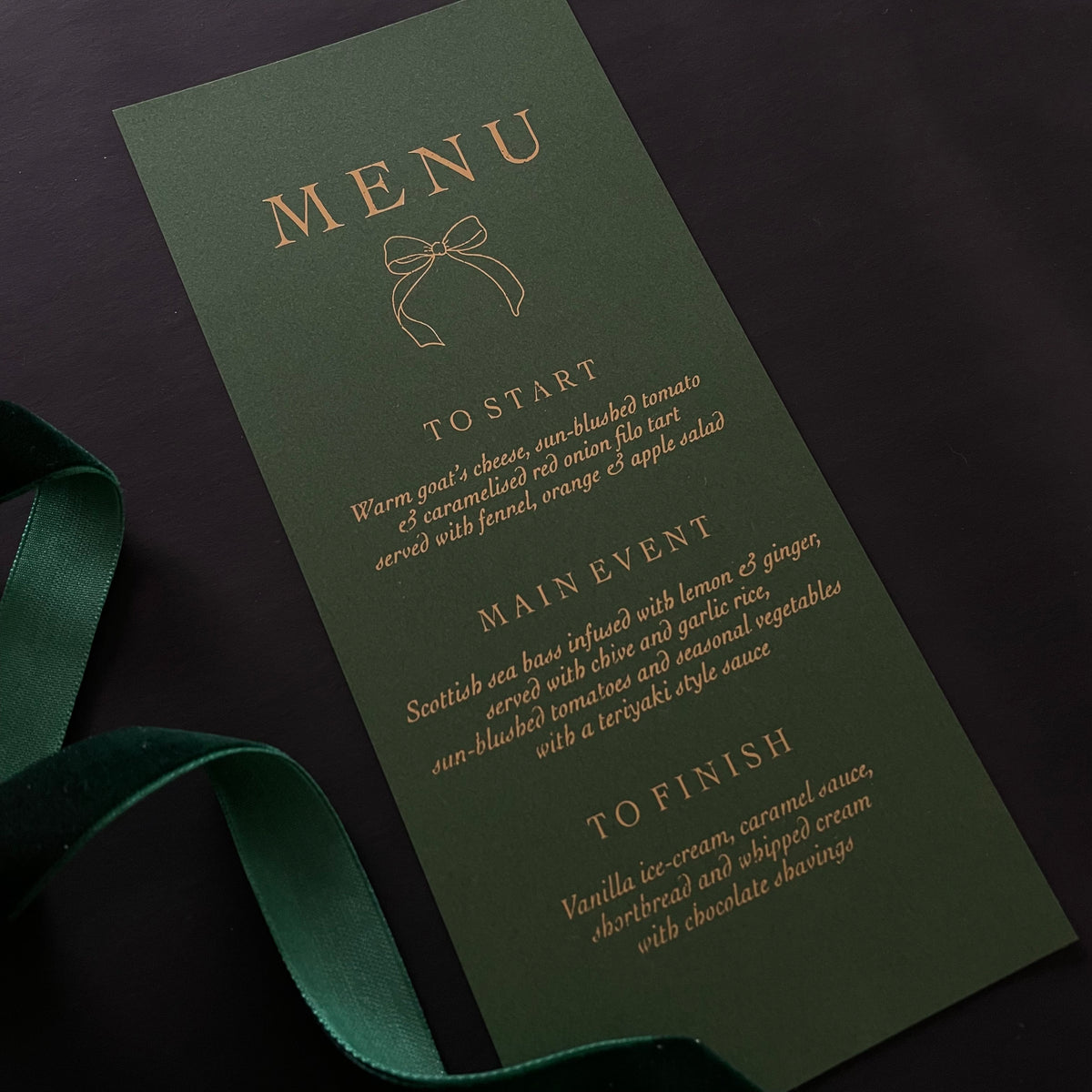 slim gold foil bow menu cards green card for wedding