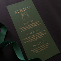 slim gold foil bow menu cards green card for wedding