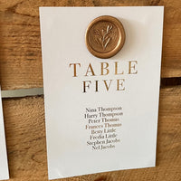 gold wax seal individual table plan cards with gold foil text