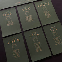 Forest green & gold foil individual bow table plan cards